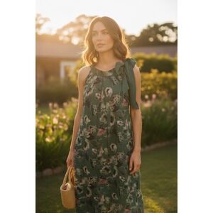 Bellambra Women's Green Floral Linen Cotton Sleeveless Maxi Dress Italy Size L